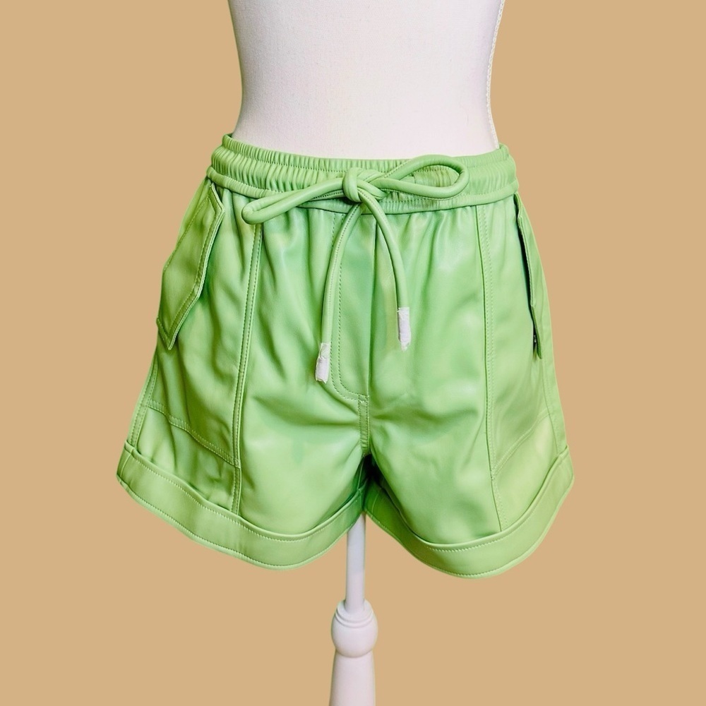 NWT Jonathan Simkhai ‘Doah’ Vegan Leather Drawstring Shorts in “Spring Green” S